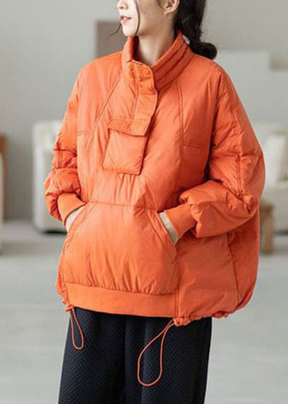 Orange Hooded Drawstring Pockets Duck Down Down Pullover Sweatshirt Winter