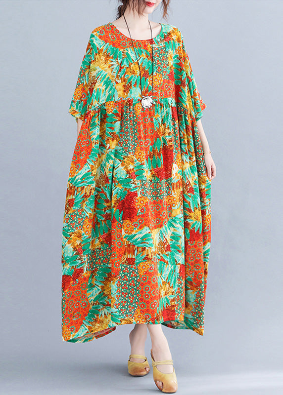 Orange O-neck Print Cozy Maxi Dresses Summer