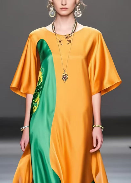 Orange Oversized Patchwork Silk Long Dress Summer