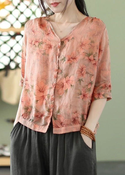Grey Flowers Print Slim Fit Linen Shirt Top Half Sleeve