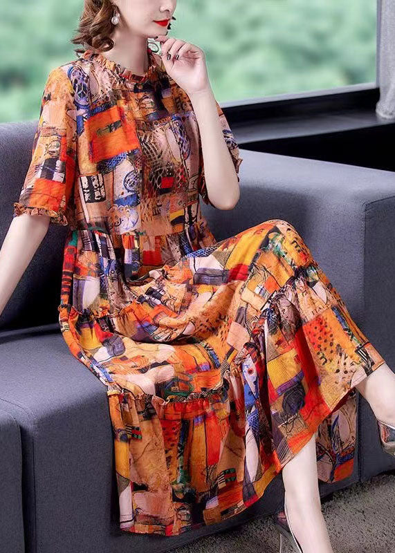 Orange Ruffled Print Patchwork Silk Dress Summer
