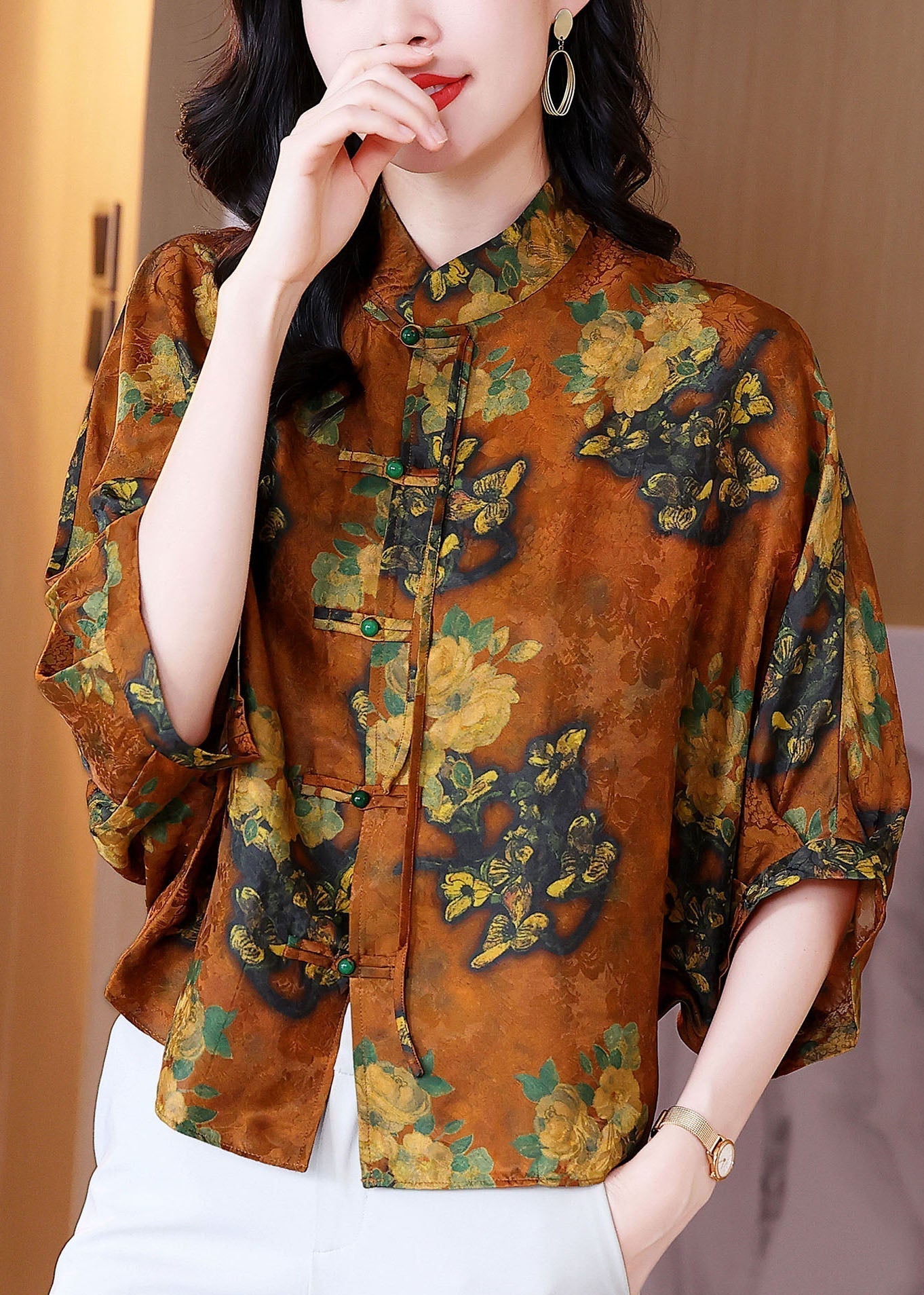 Orange Stand Collar Oriental Button Print Silk Blouses Batwing Sleeve