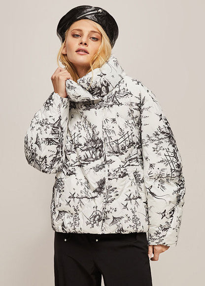 Orange Stand Collar Zip Up Print Duck Down Jackets Winter