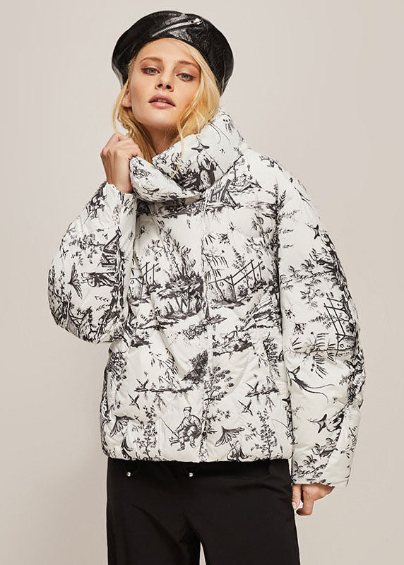 Orange Stand Collar Zip Up Print Duck Down Jackets Winter