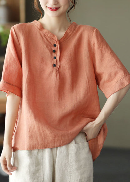 Orange V Neck Button Cotton Shirt Half Sleeve