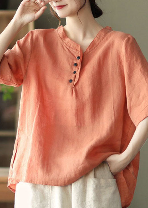 Orange V Neck Button Cotton Shirt Half Sleeve