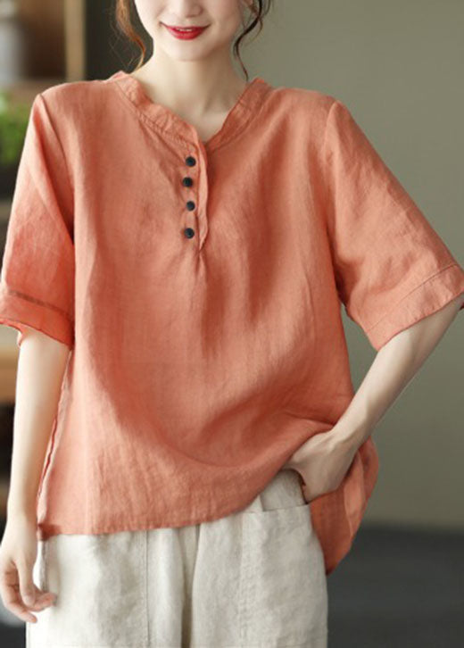 Orange V Neck Button Cotton Shirt Half Sleeve