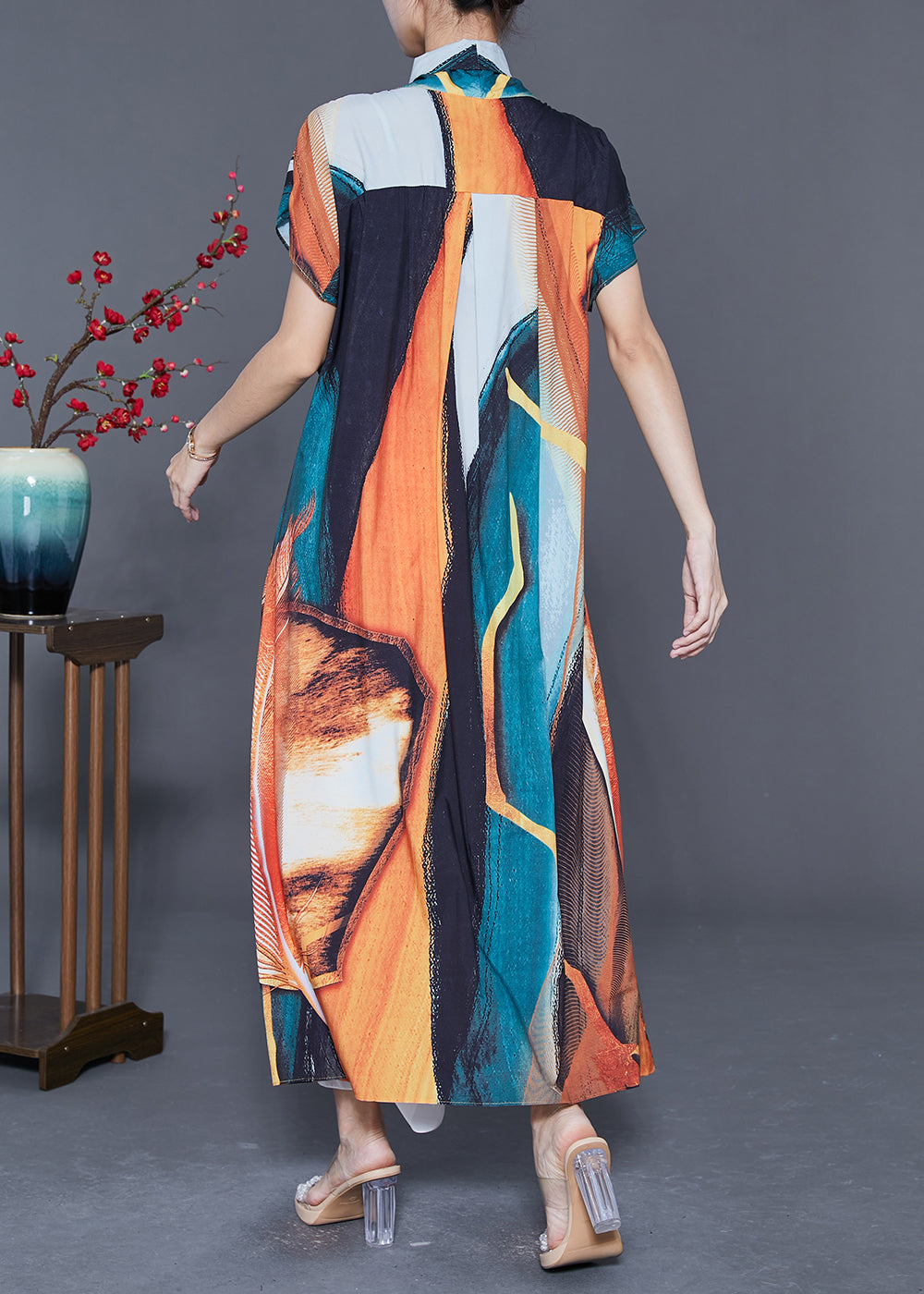 Orange V Neck Print Chiffon Robe Dresses Summer