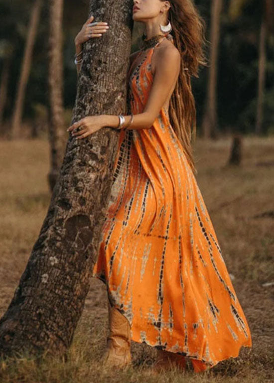 Orange V Neck Print Chiffon Spaghetti Strap Dress Summer