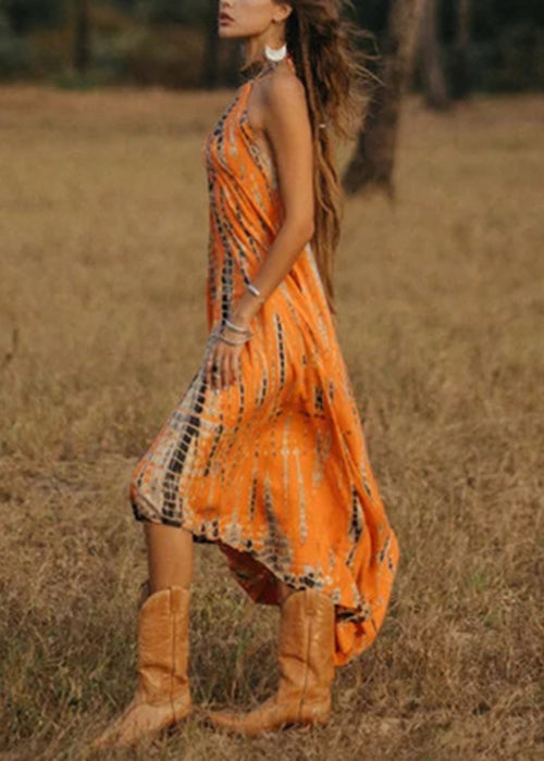 Orange V Neck Print Cotton Long Dress Sleeveless
