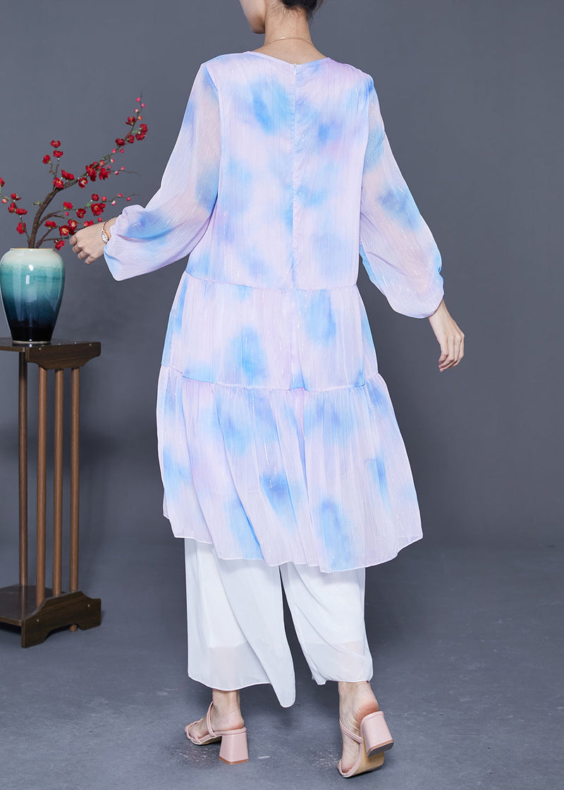 Oversized Patchwork Tie Dye Silk Robe Dresses Lantern Sleeve