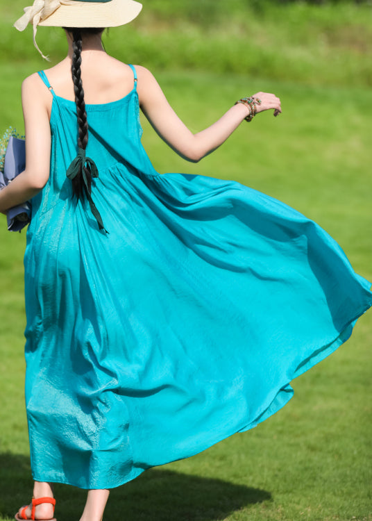 Peacock Blue Embroideried Wrinkled Cotton Spaghetti Strap Dress Summer