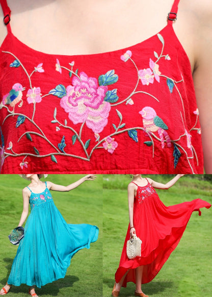 Peacock Blue Embroideried Wrinkled Cotton Spaghetti Strap Dress Summer