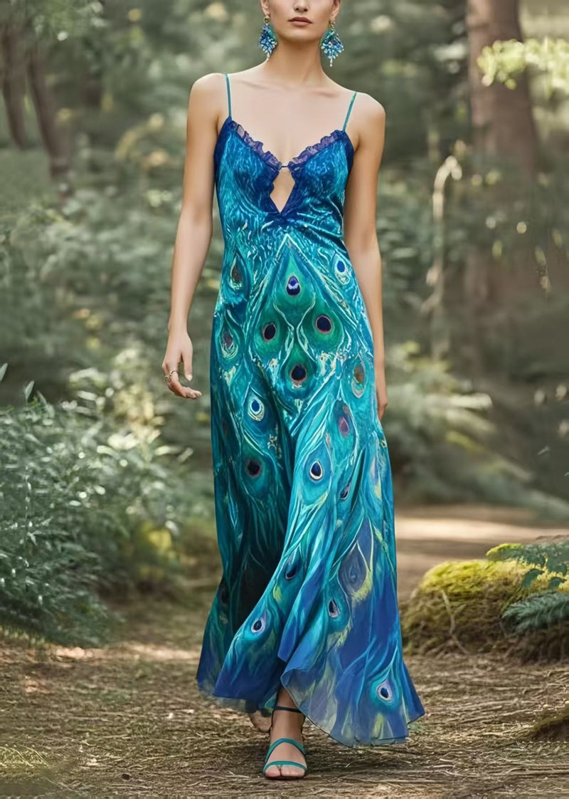 Peacock Blue Print Silm Fit Chiffon Dance Dress Summer