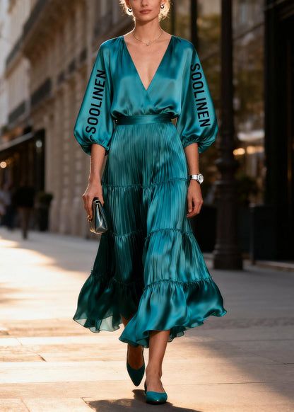 Peacock Blue V Neck Silk Long Dress Lantern Sleeve