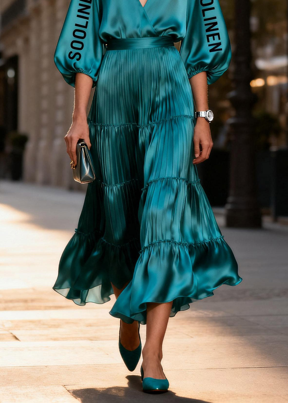 Peacock Blue V Neck Silk Long Dress Lantern Sleeve