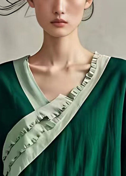 Peacock Green Ruffled Patchwork Linen Blouses Summer