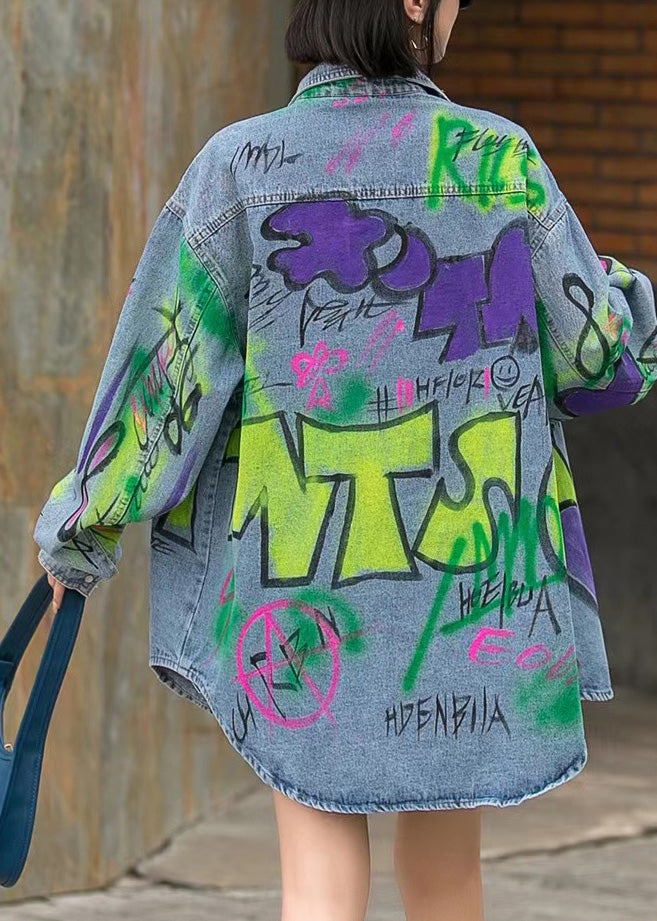 Peter Pan Collar Print Button Denim Coats Long Sleeve