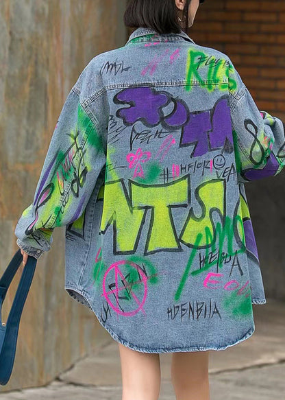 Peter Pan Collar Print Button Denim Coats Long Sleeve