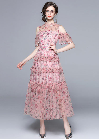 Pink Cold Shoulder Print Ruffled Chiffon Long Dresses Summer