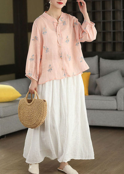 Bohemian Pink Embroidered Oversized Linen Shirt Spring