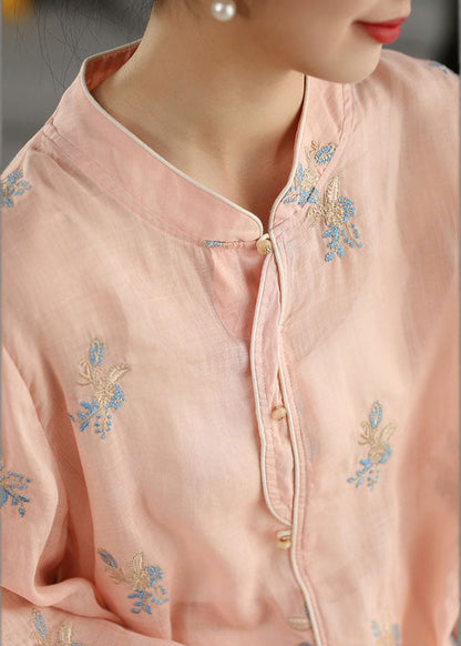 Bohemian Pink Embroidered Oversized Linen Shirt Spring