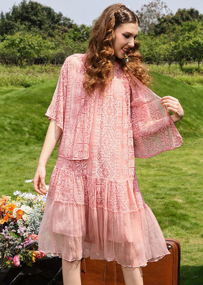 Pink Embroidered Patchwork Long Dress Sleeveless