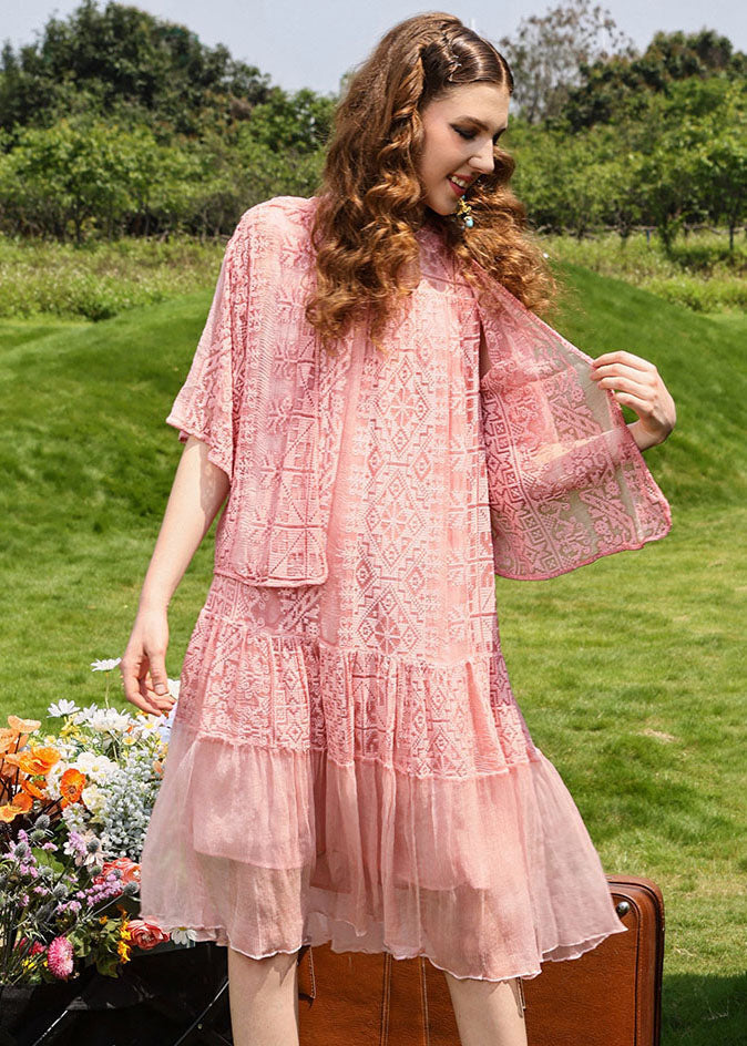 Pink Embroidered Patchwork Long Dress Sleeveless