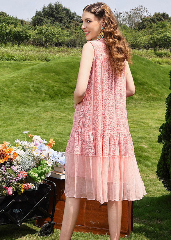 Pink Embroidered Patchwork Long Dress Sleeveless