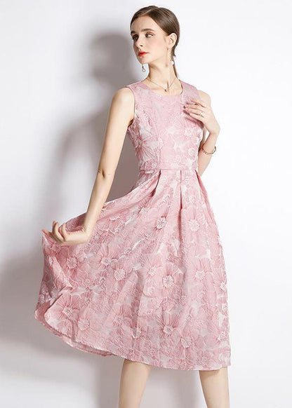 Pink Jacquard Exra Large Hem Silk Holiday Dress Sleeveless