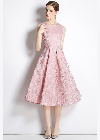 Pink Jacquard Exra Large Hem Silk Holiday Dress Sleeveless