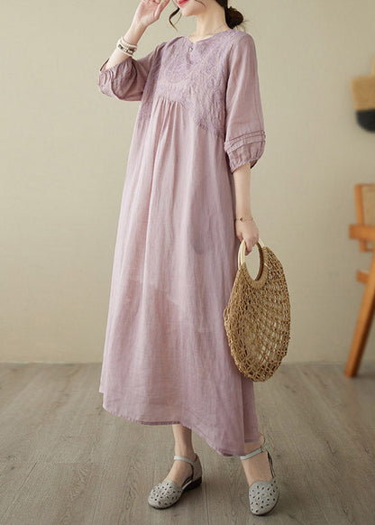 Pink O-neck Embroideried Patchwork Wrinkled Linen Long Dress Half Sleeve
