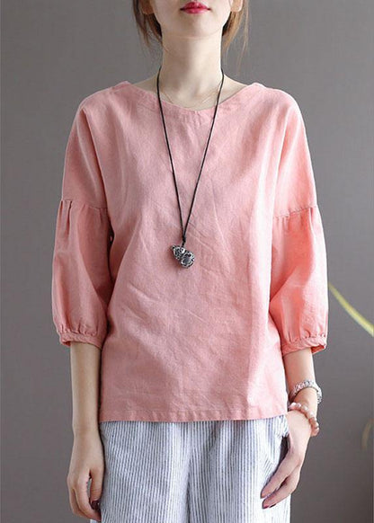 Pink O-neck Patchwork Fall Blouses Three Quarter Sleeve