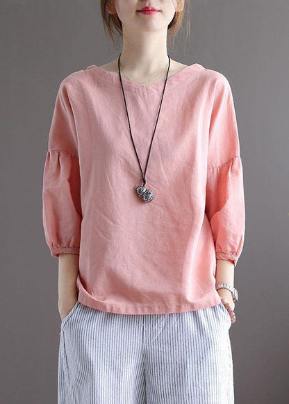 Pink O-neck Patchwork Fall Blouses Three Quarter Sleeve