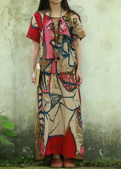 Pink O-neck Print Cotton Long Dress Short Sleeve