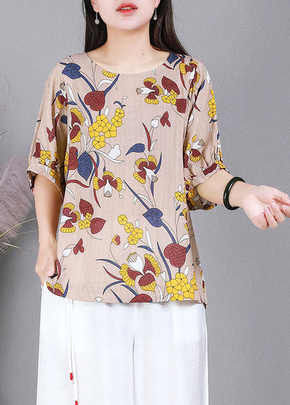 Pink O-neck Print Cotton Tank Top Half Sleeve