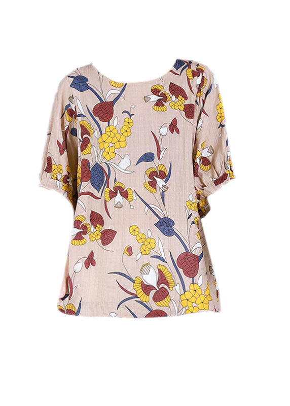 Pink O-neck Print Cotton Tank Top Half Sleeve