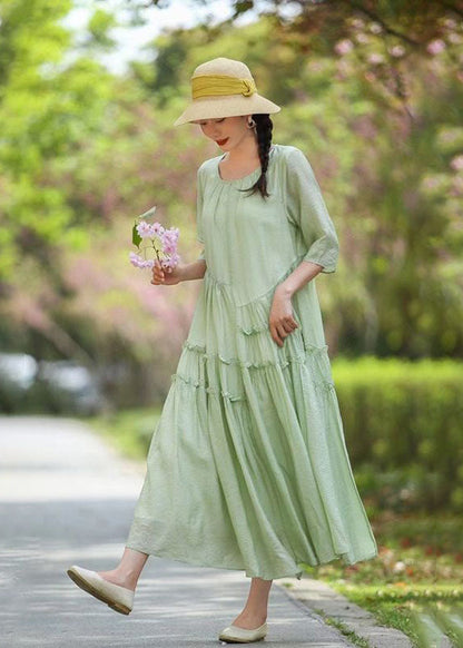 Pink O-neck Ruffled Patchwork Long Silk Dress Summer