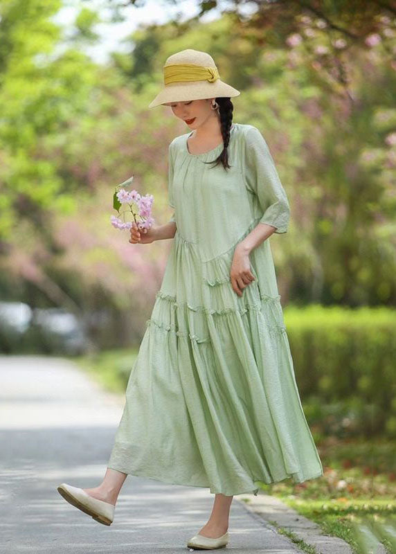 Pink O-neck Ruffled Patchwork Long Silk Dress Summer