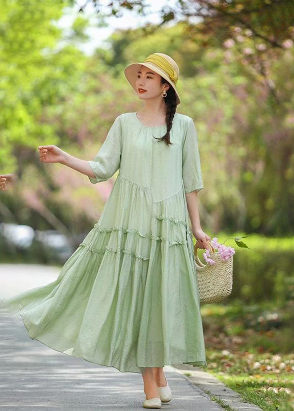 Pink O-neck Ruffled Patchwork Long Silk Dress Summer
