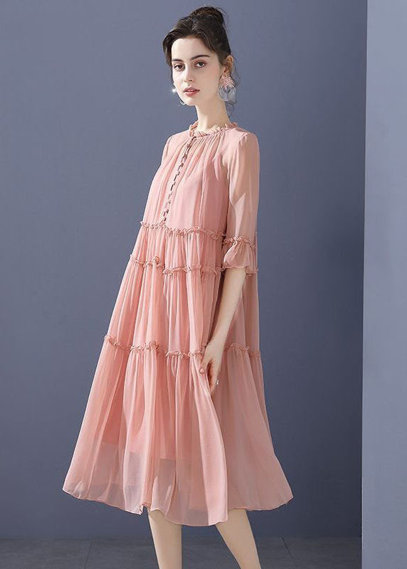 Pink O-neck Ruffled Patchwork Silk Mid Dresses Summer