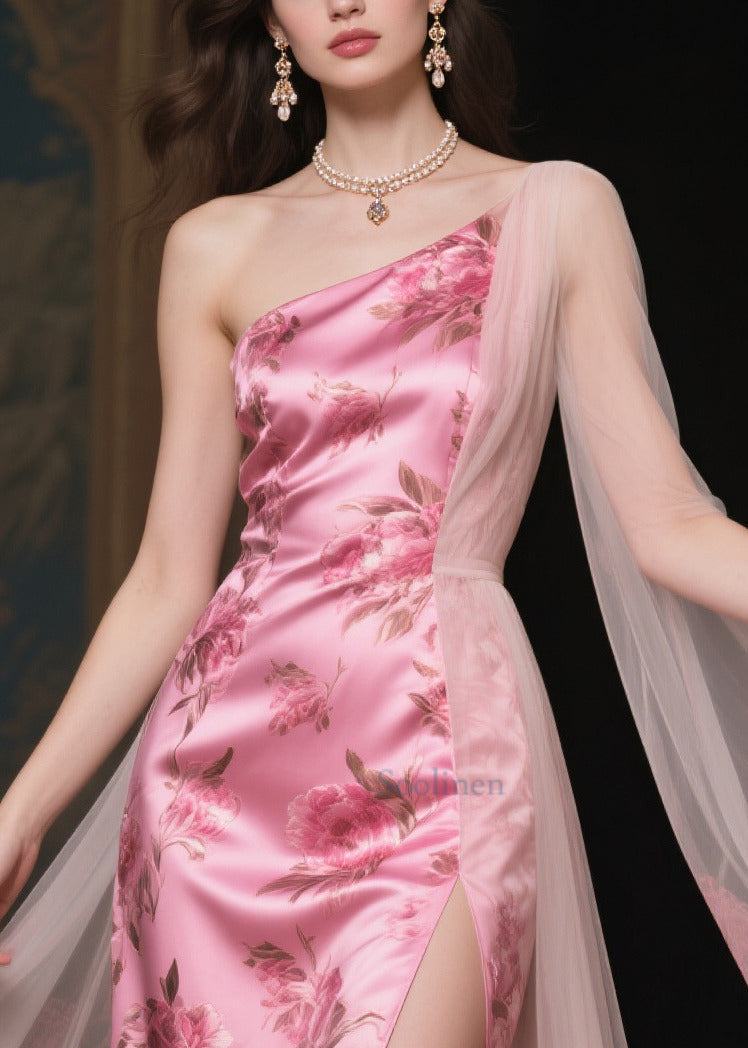 Pink One Shoulder Patchwork Print Silk Vestidos Dress Summer