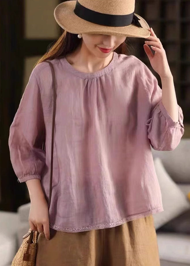 Pink Oversized Patchwork Linen Shirts Bracelet Sleeve
