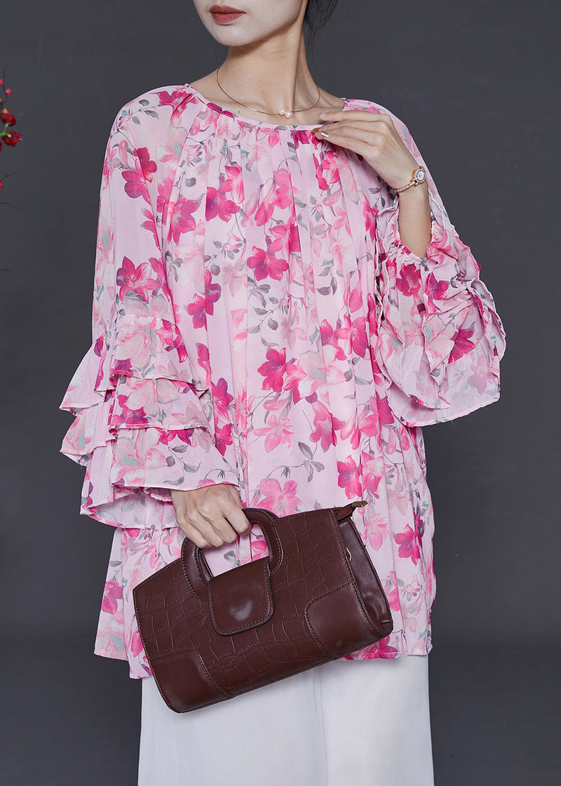 Pink Oversized Print Chiffon Shirt Top Flare Sleeve