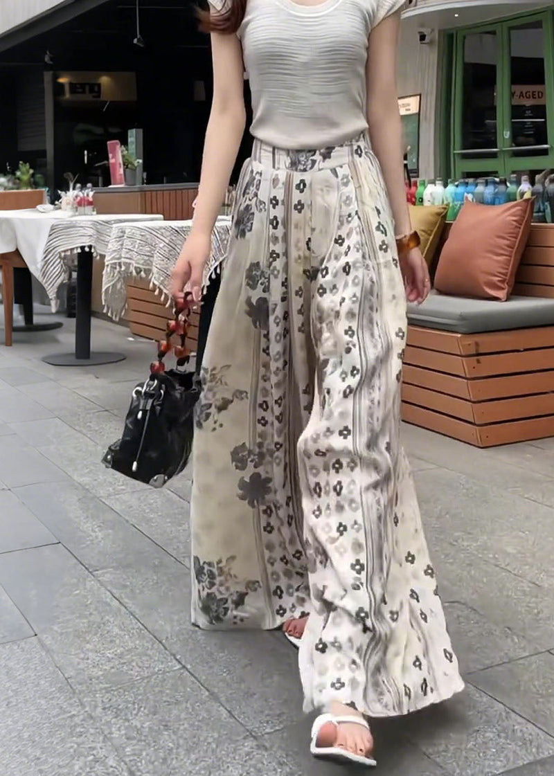 Pink Oversized Print Cotton Wide Leg Pants Fall