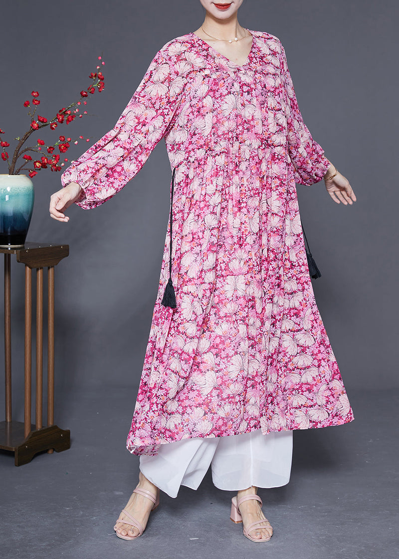 Pink Oversized Print Drawstring Silk Vacation Dresses Spring
