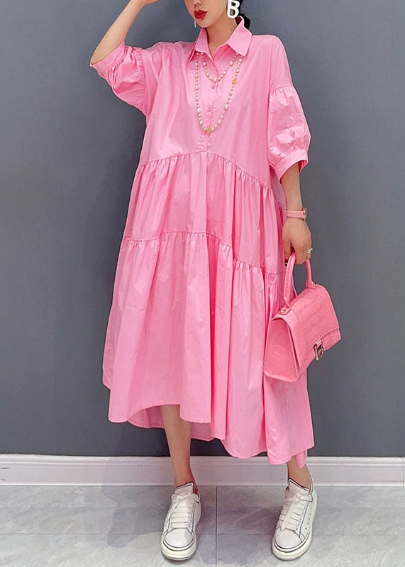 Pink Peter Pan Collar Patchwork Cotton Dress Bracelet Sleeve