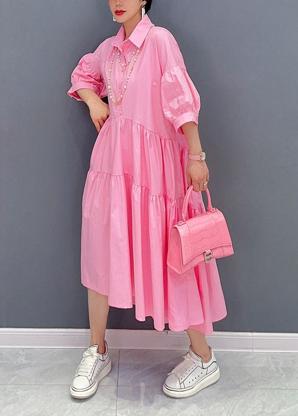 Pink Peter Pan Collar Patchwork Cotton Dress Bracelet Sleeve