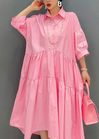 Pink Peter Pan Collar Patchwork Cotton Dress Bracelet Sleeve