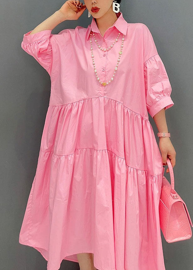 Pink Peter Pan Collar Patchwork Cotton Dress Bracelet Sleeve